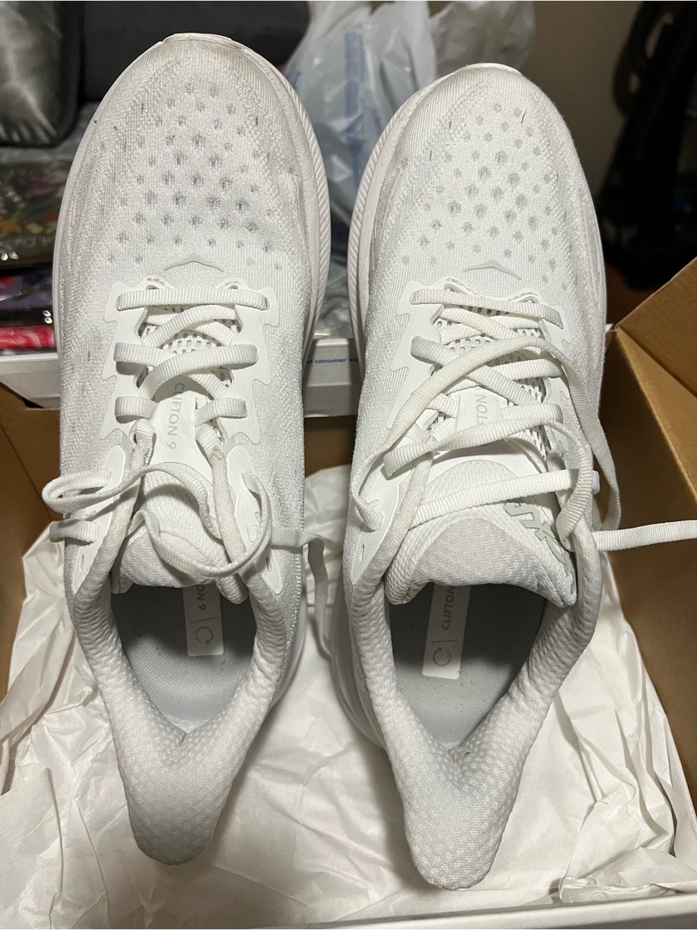 Hoka White Knit Clifton 9 Running Sneakers